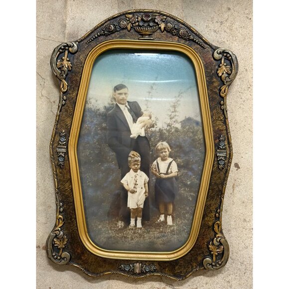 Antique Picture Frame Wood Ornate Gesso Convex Bubble Glass Picture Octagon Fami - Picture 7 of 12